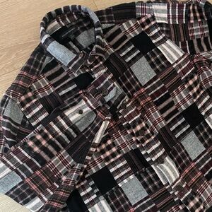 Banana Republic Patchwork Pink Black Brushed Flannel Shirt Jacket Shacket Sz L